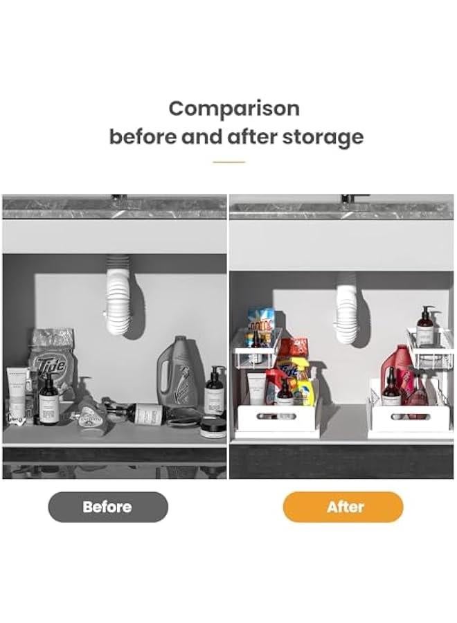 هوكور منظم تحت الحوض من تراسل، منظم خزانة قابل للسحب من طبقتين، ارفف تخزين تحت الحوض للمطبخ والحمام (ابيض)، ستانلس ستيل - Image 3