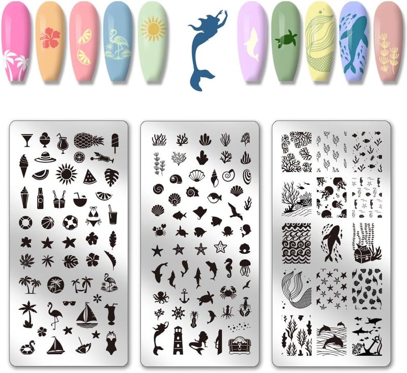 PH PandaHall 3pcs Summer Ocean Nail Stamping Plate Marine Animals Art Templates Ocean Sea Beach Nail Art Stencils Stainless Steel Image Plates for Women Print Manicures Salon Design Supplies