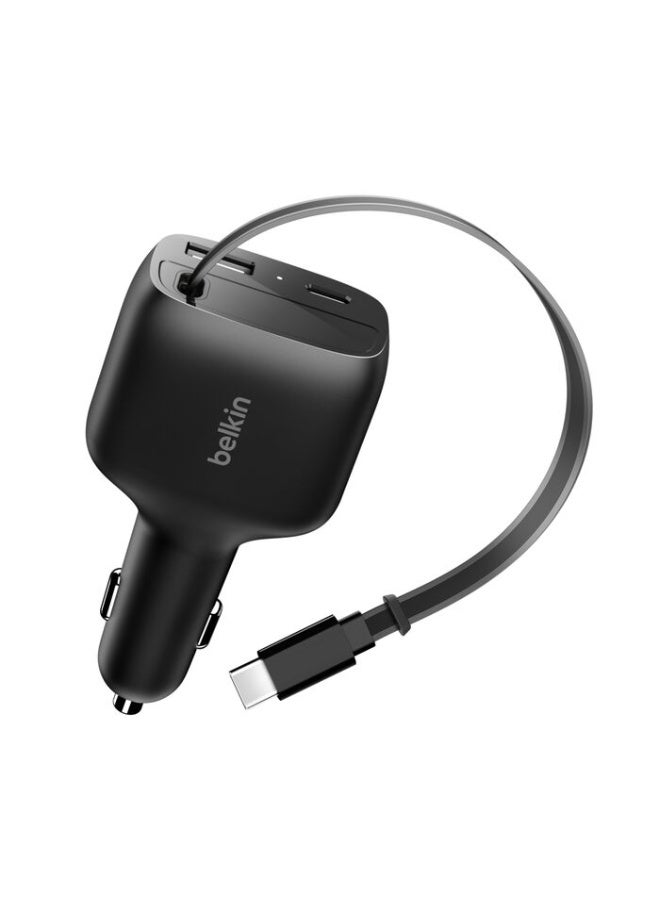 بيلكين شاحن سيارة USB C بقوة 75 واط مع كابل USB C قابل للسحب بطول 30 بوصة - شاحن آيفون، متوافق مع سلسلة آيفون 17 و 16، جالاكسي S25، AirPods، جهاز لوحي، ماك بوك، كروم بوك، إلخ - أساسيات السفر - Image 1