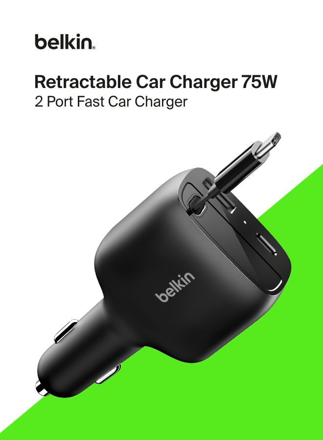بيلكين شاحن سيارة USB C بقوة 75 واط مع كابل USB C قابل للسحب بطول 30 بوصة - شاحن آيفون، متوافق مع سلسلة آيفون 17 و 16، جالاكسي S25، AirPods، جهاز لوحي، ماك بوك، كروم بوك، إلخ - أساسيات السفر - Image 1