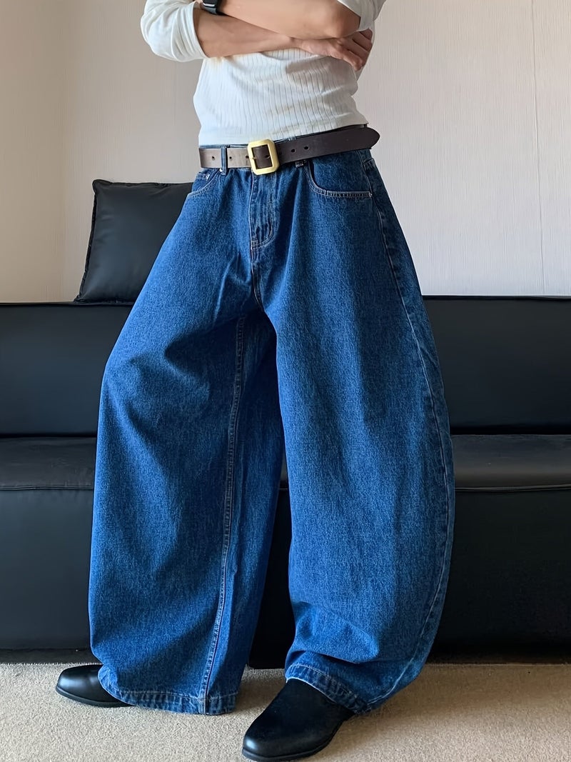 Men's Vintage American-Style Rolled Hem Straight-Leg Jeans, Loose-Fit Casual Pants with a Draped Feel, Cuffed Hem Jeans - Image 3