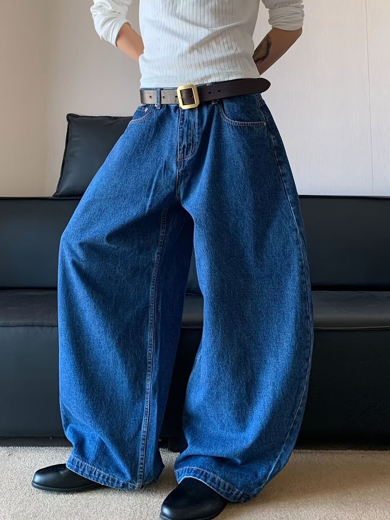 Men's Vintage American-Style Rolled Hem Straight-Leg Jeans, Loose-Fit Casual Pants with a Draped Feel, Cuffed Hem Jeans - Image 2