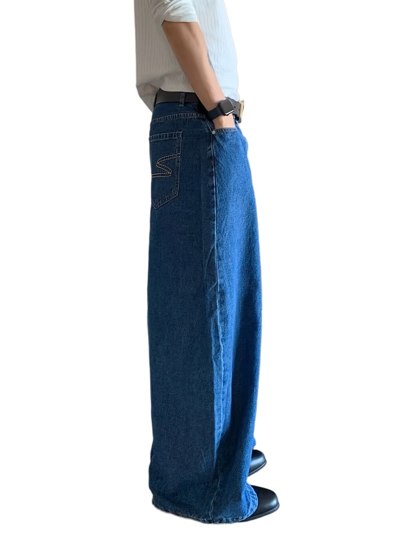 Men's Vintage American-Style Rolled Hem Straight-Leg Jeans, Loose-Fit Casual Pants with a Draped Feel, Cuffed Hem Jeans - Image 1