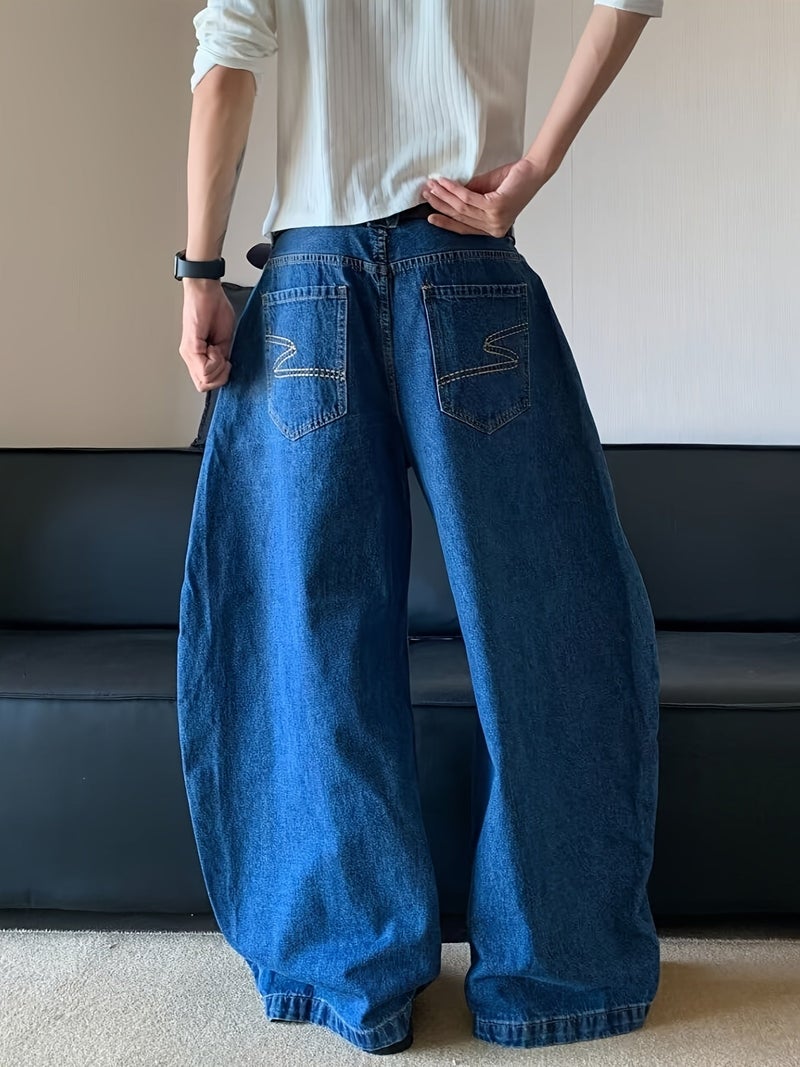 Men's Vintage American-Style Rolled Hem Straight-Leg Jeans, Loose-Fit Casual Pants with a Draped Feel, Cuffed Hem Jeans - Image 4