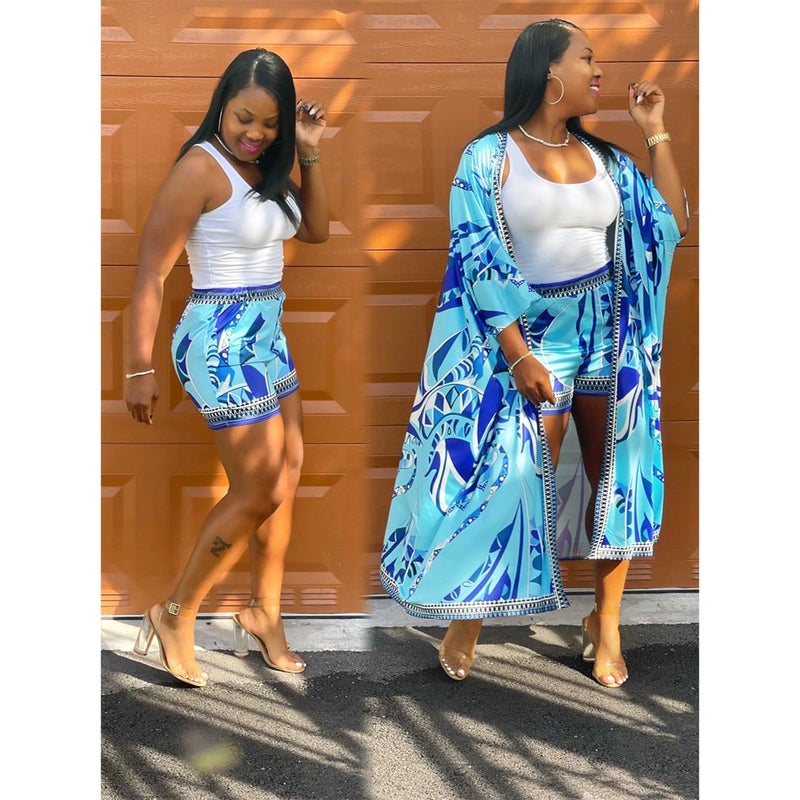 QegarTop Plus Size Kimono and Shorts Set Women 2 Piece Vacation Dusters Kimonos Outfits Blue 2xl - Image 3