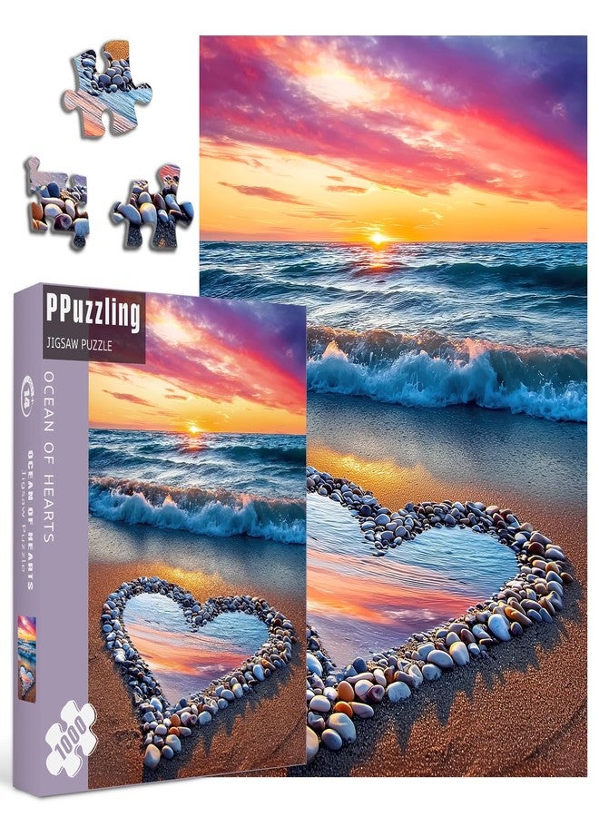 PPuzzling Beach Puzzles for Adults 1000 Pieces, Ocean Sunset Heart Jigsaw Puzzle, Colorful Marine Love Puzzle - Image 1