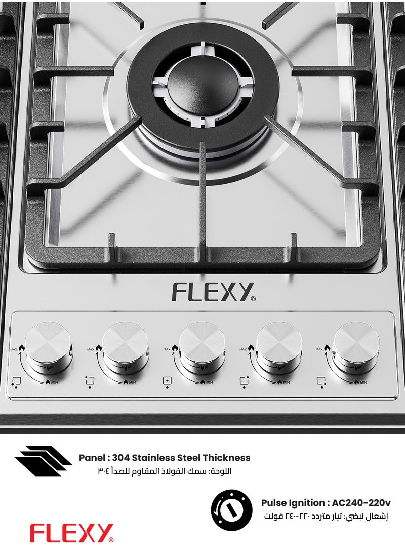 FLEXY®️ 5-Burner Built-In Gas Hob | High Heat Output | Cast Iron Pan Support | 304 Stainless Steel | SABAF Burners | Fast Cooking | LPG/N.G | 2-Year Warranty
