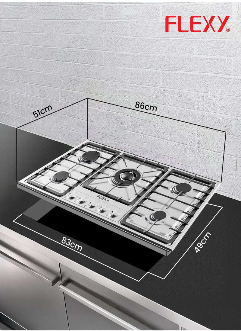 FLEXY®️ 5-Burner Built-In Gas Hob | High Heat Output | Cast Iron Pan Support | 304 Stainless Steel | SABAF Burners | Fast Cooking | LPG/N.G | 2-Year Warranty