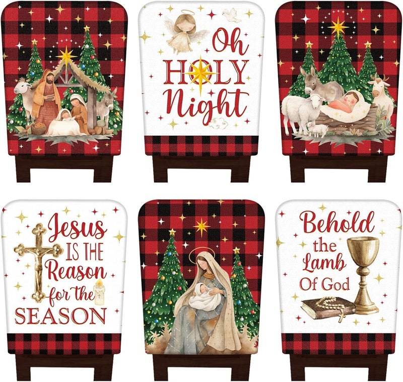 FuWeave 6 Pcs Christmas Nativity Scene Chair Back Covers Xmas Chair Protector Slipcovers Washable Winter Dining Room Seat Covers for Home Hotel Kitchen Decorations - Image 1