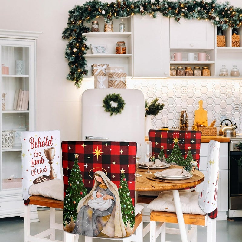 FuWeave 6 Pcs Christmas Nativity Scene Chair Back Covers Xmas Chair Protector Slipcovers Washable Winter Dining Room Seat Covers for Home Hotel Kitchen Decorations - Image 2