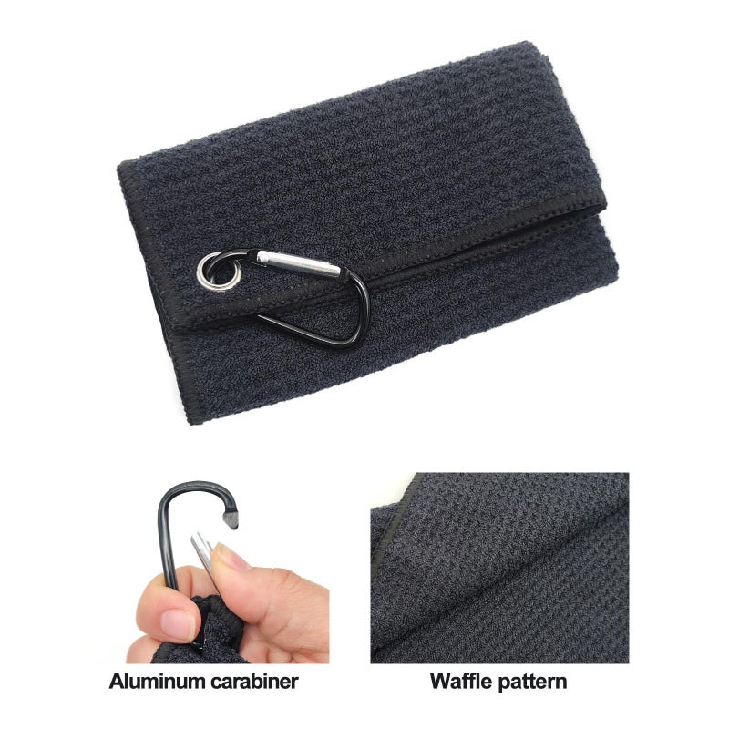 Quacc Premium Golf Towel with Carabiner Clip Absorbent Microfiber Waffle Pattern Golf Towel for Cleaning Golf Ball Club Putter Iron for Golf Bag Trolly Belt Loop (Black) - Image 2
