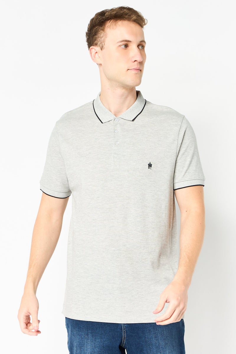French Connection Men Regular Fit Brand Logo Short Sleeve Polo Shirt, Light Grey - Image 1