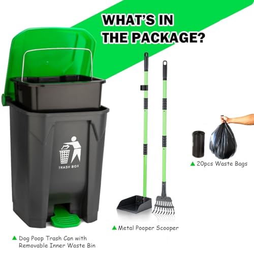 MXF Pooper Scooper Set - 28" Dog Pooper Scooper & Long Handle Stainless Metal Tray&Rake, 15 Litre Step Dog Poop Trash Can w/Removable Inner Bucket, 20 Waste Bags for Outdoors - Image 3