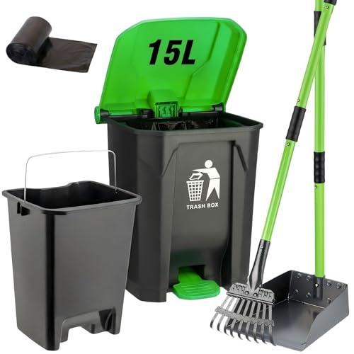 MXF Pooper Scooper Set - 28" Dog Pooper Scooper & Long Handle Stainless Metal Tray&Rake, 15 Litre Step Dog Poop Trash Can w/Removable Inner Bucket, 20 Waste Bags for Outdoors - Image 1