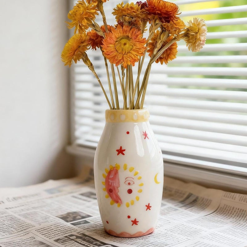 Tnstbiee Cute Boho Small Cream Ceramic Bud Vase, Sun and Moon Round Decorative Vase for Dried Flowers/Single Rose/Pampas Grass, Modern Table Vase for Entryway Dining Coffee Table, Unique Home Gift - Image 1
