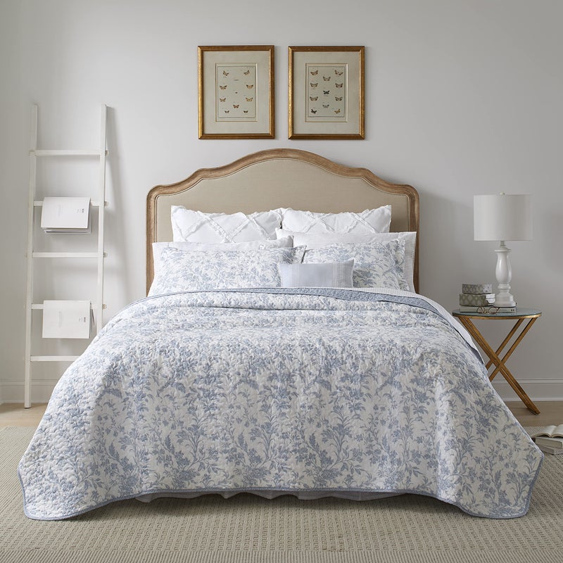 Laura Ashley - Twin Quilt Set, Soft Cotton Bedding with Reversible Design, Medium Weight for Year Round Use, 2 Piece Bed Set with Matching Pillowcase (Amberley Blue) - Image 1