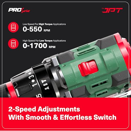 JPT New Pro Series Brushless 21-volt Cordless Impact Drill Machine with 65N.m Torque | 1700 RPM Speed | 25+3 Gears | 2 Speed Modes | 3/8-Inch Metal Keyless Chuck | One Year Motor Warranty, Green - Image 2