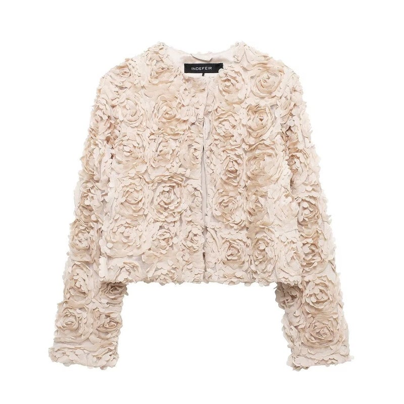 2024 Autumn and Winter New European and American Cross-border Womens Distinctive Short Round Neck Cut Flower Texture Chanel Style Jacket Coat 175308 Rice flower coat 