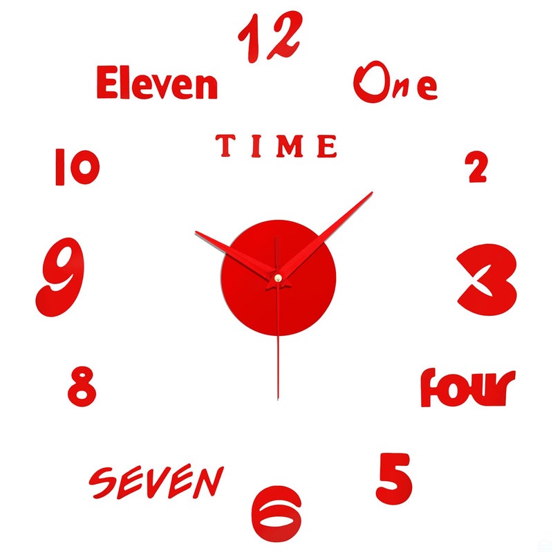 ABOUT SPACE Wall Clock - DIY Wall Sticker Clock Self Adhesive, Non-Ticking, Frameless, Acrylic Analog Watch Adjustable Size for Living Room, Bedroom, Office (Red - Numbers, Words), 25cm, 50cm - Image 1