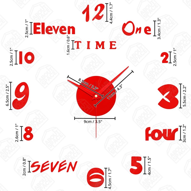 ABOUT SPACE Wall Clock - DIY Wall Sticker Clock Self Adhesive, Non-Ticking, Frameless, Acrylic Analog Watch Adjustable Size for Living Room, Bedroom, Office (Red - Numbers, Words), 25cm, 50cm - Image 2