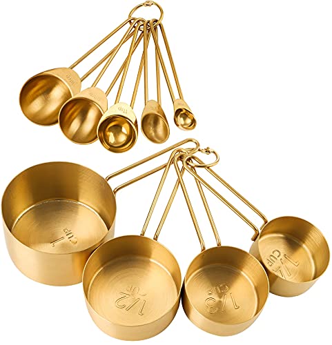TOPZEA 9 Pcs Gold Measuring Cups and Spoons Set Nesting Stainless Steel Kitchen Measuring Cups Stackable Tablespoons Set for Baking Cooking Dry and Liquid Ingredients Dishwasher Safe