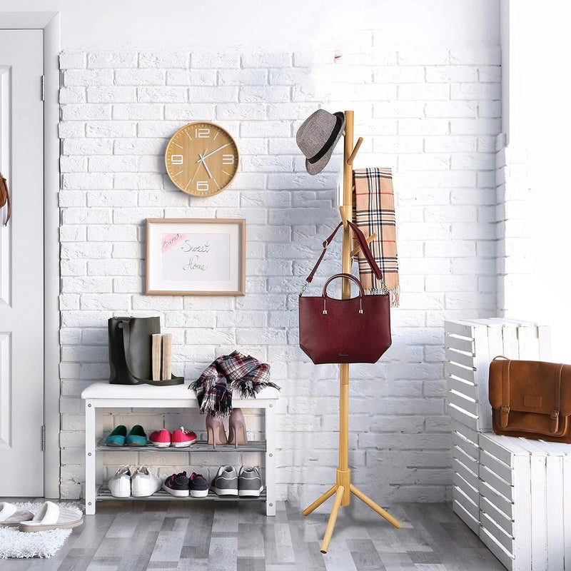 ZOBER (Natural) - Premium Wooden Coat Rack Free Standing, with 6 Hooks Lacquered Pine Wood Tree Stand for Coats, Hats, Scarves, Clothes, and Handbags Natural Finish Brown ZO-001 - Image 2