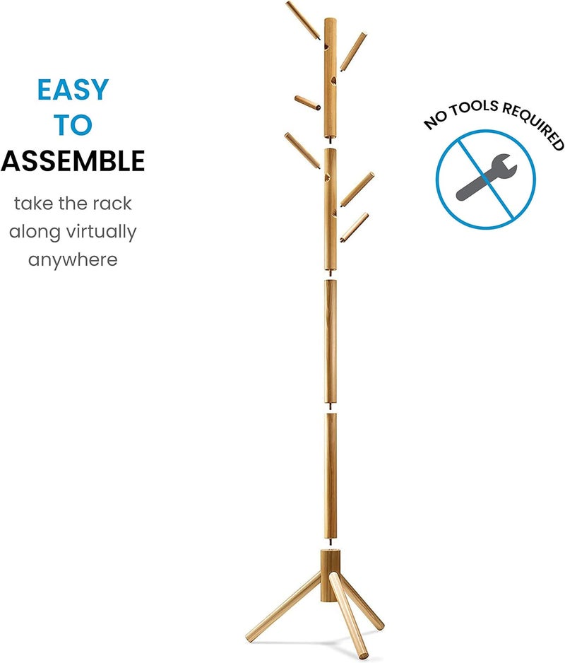 ZOBER (Natural) - Premium Wooden Coat Rack Free Standing, with 6 Hooks Lacquered Pine Wood Tree Stand for Coats, Hats, Scarves, Clothes, and Handbags Natural Finish Brown ZO-001 - Image 3