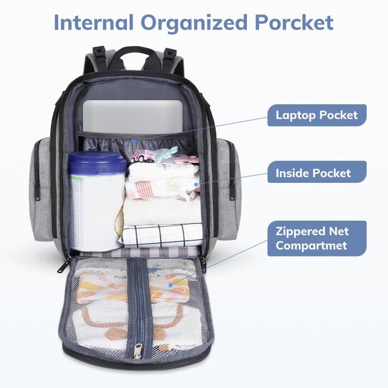 Mancro Diaper Bag Backpack, Large Multifunction Waterproof Travel Baby Changing Bag for Dad Mom with 4 Insulated Pockets and Stroller Straps, Maternity Baby Bag for Boys Girls, Grey - Image 2