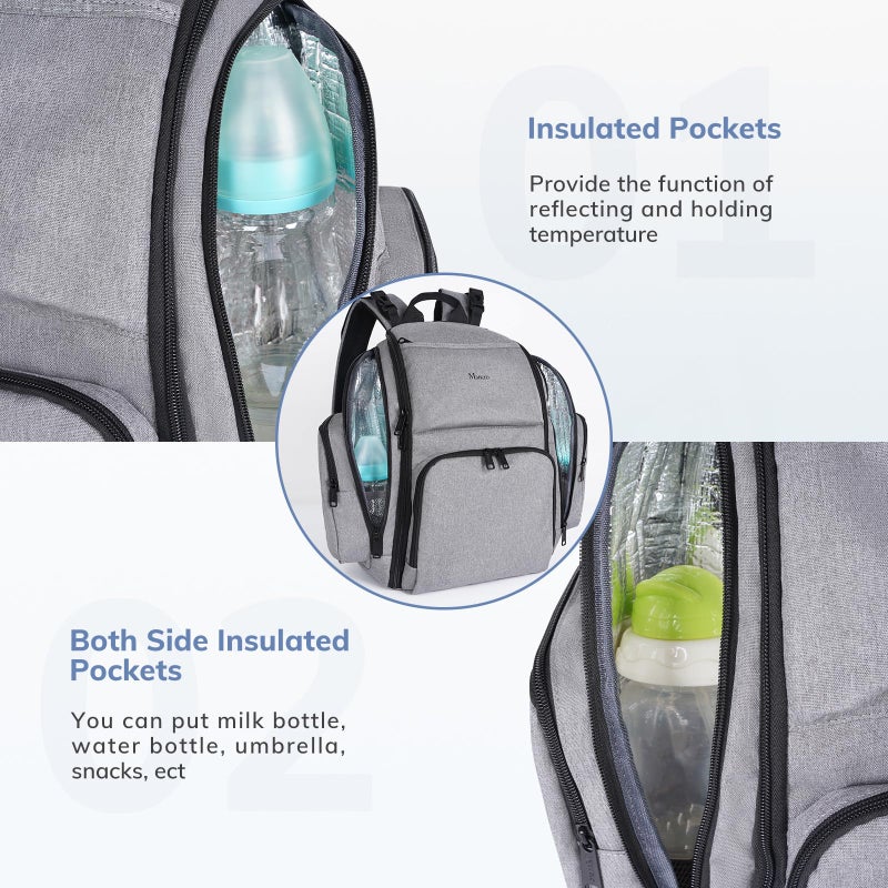 Mancro Diaper Bag Backpack, Large Multifunction Waterproof Travel Baby Changing Bag for Dad Mom with 4 Insulated Pockets and Stroller Straps, Maternity Baby Bag for Boys Girls, Grey - Image 3