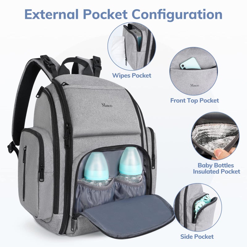 Mancro Diaper Bag Backpack, Large Multifunction Waterproof Travel Baby Changing Bag for Dad Mom with 4 Insulated Pockets and Stroller Straps, Maternity Baby Bag for Boys Girls, Grey - Image 4