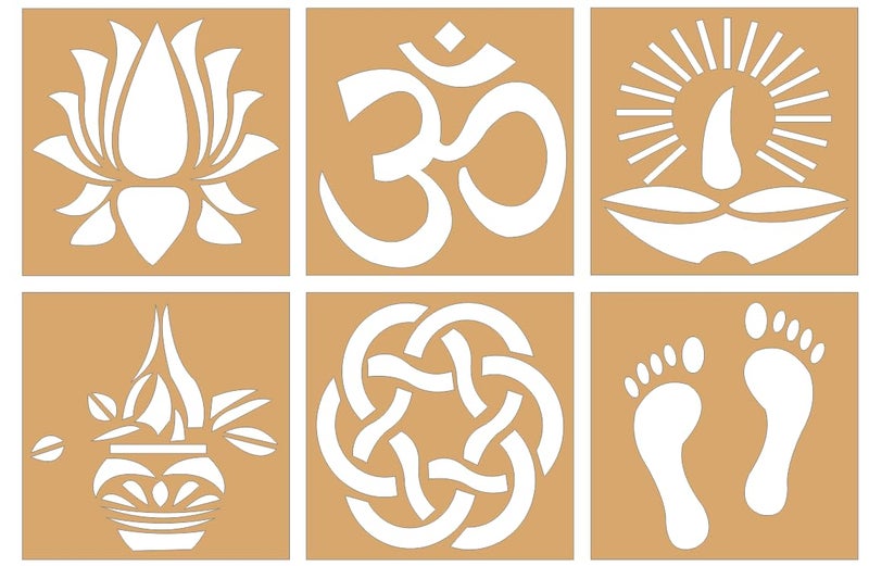 300Sparkles 6 Pcs Set Rangoli Stencil Diwali Festival Home Room Office Floor Decoration Multipurpose Wooden Stencil 6 Pcs 4x4 Inch - Image 1