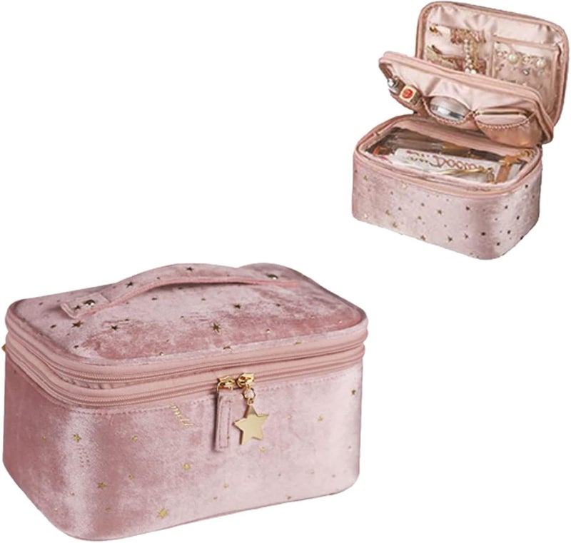 comfrt Large Capacity Velvet Cosmetic Bag, Star Embroidery Cosmetic Storage Case, with Handle Makeup Brush Holder Double Layer Bag Large (A-Pink) - Image 1