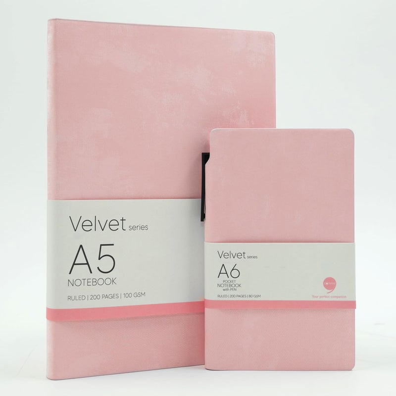 COMMA | Velvet Series | A5 & A6 Size with Pen | Flexible Bound Notebook | 200 Pages | 100gsm Natural Shade Paper | Velvet PU Cover with Edge Colour | Combo – (Baby Pink + Baby Pink) - Image 1