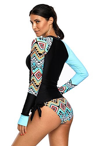 Lopie Women's Long Sleeves Rash Guard Athletic Swim Aztec Bathing Suit Beachwear (XX-Large, Blue) - Image 2