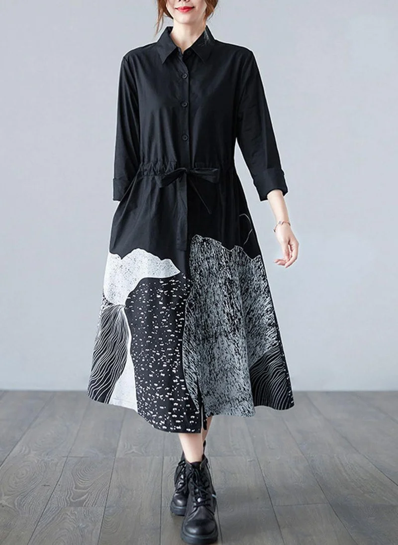 يونيكي Black Printed Cotton Dress