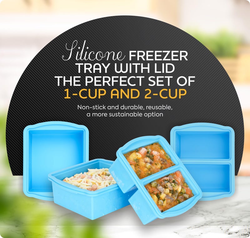 ZIP STANDING Silicone Freezer Trays with Lids, Set of 4 - with 1cup and 2 cup Silicone Freezer Molds for freezing soups, sauces and individual microwave safe - Image 3