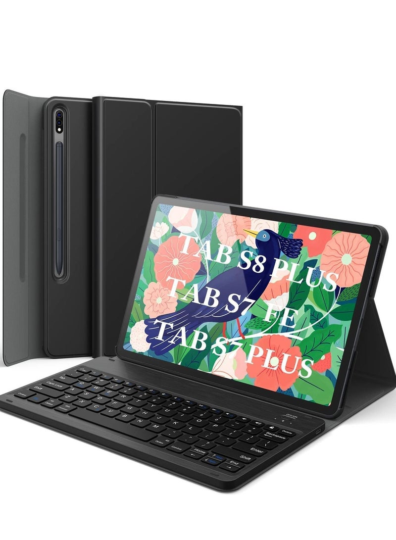 Keyboard Case for Samsung Galaxy Tab S7 FE 12.4" 2021 (SM-T730/T736B), Detachable Wireless Keybaord & Premium PU Leather Folio Cover with S Pen Holder for Galaxy Tab S7 FE 12.4 Tablet (Black) - Image 1