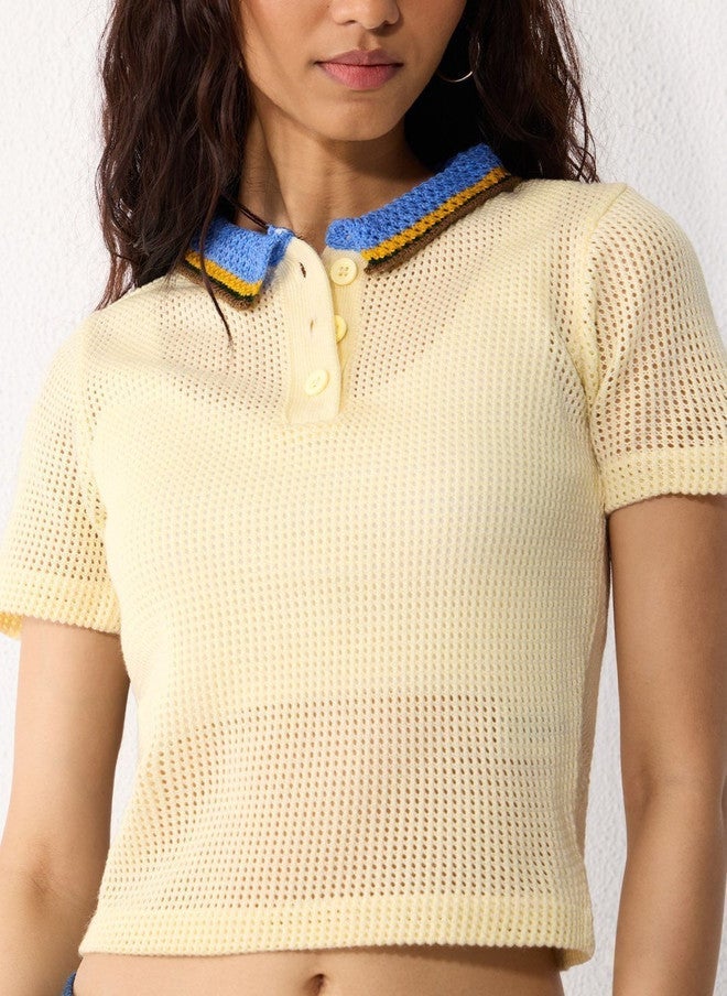 The Souled Store Women Regular Fit Self Design Cream Polo T-Shirt - Image 4