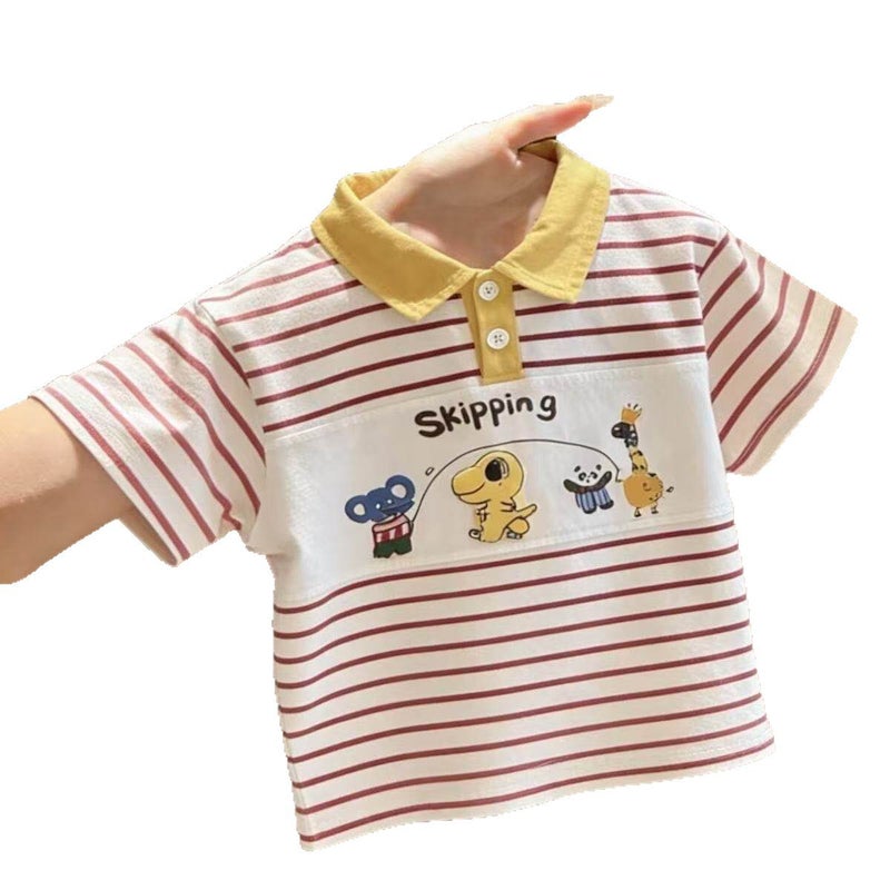 2026 Summer Korean Style Boys Kids Striped Polo T-Shirt with Cute Cartoon Patch, Collared Top - Image 3