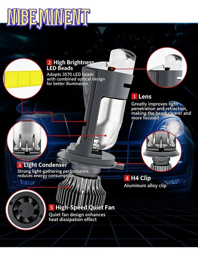 NIBEMINENT M01K H4 Bi-LED Projector Headlight Bulbs, 55W High Beam 30W Low Beam 9000LM White Light, 9-36V Wide Voltage Plug & Play LED Headlight Conversion Kit for Cars Motorcycles, Left & Right Hand Drive Available - Image 3
