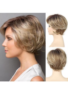 SEVENCOLORS SEVENCOLORS Short Blonde Wigs for White Women Layered Wavy Pixie Cut Wig with Bangs Synthetic Hair Blond Highlights Short Wigs Natural Looking 