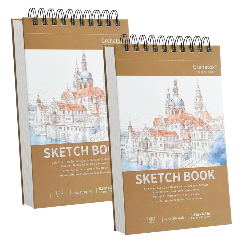 Crehatos 5.5" x 8.5" Small Sketch Book, Top Spiral Bound Sketch Pad, 100 Sheets Each 68lb/100gsm Drawing Paper, 2 Pack - Image 1