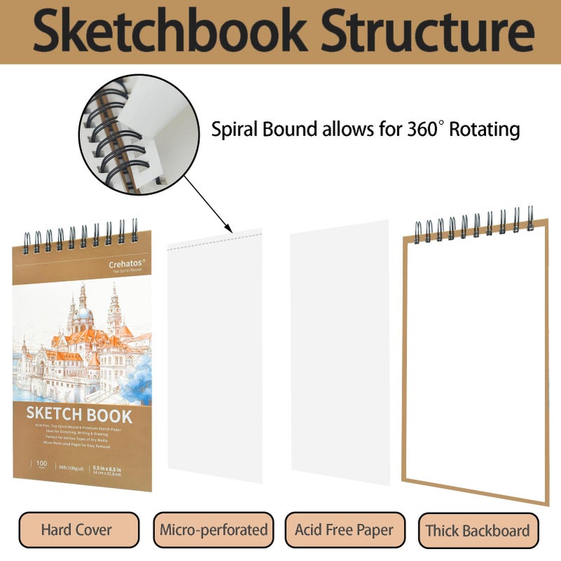 Crehatos 5.5" x 8.5" Small Sketch Book, Top Spiral Bound Sketch Pad, 100 Sheets Each 68lb/100gsm Drawing Paper, 2 Pack - Image 3