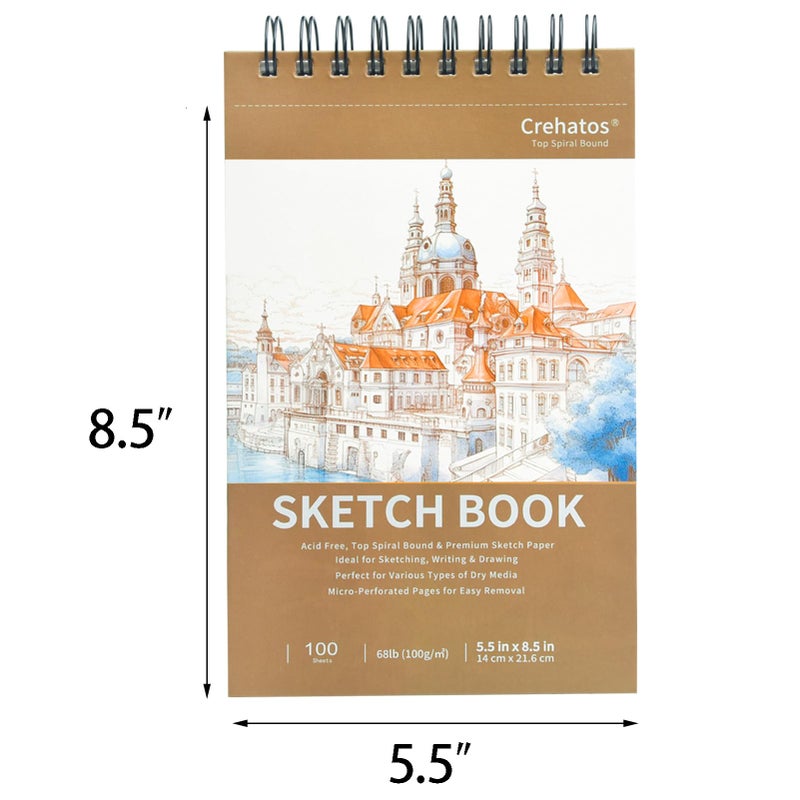 Crehatos 5.5" x 8.5" Small Sketch Book, Top Spiral Bound Sketch Pad, 100 Sheets Each 68lb/100gsm Drawing Paper, 2 Pack - Image 4