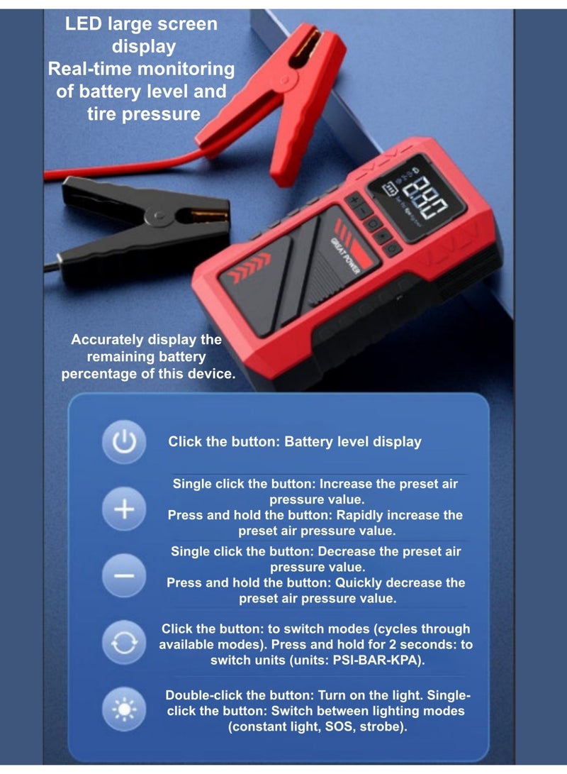 تأخيرات لوجستية، إمداد طارئ | جهاز تشغيل السيارة | سعة عالية 20000 مللي أمبير | تيار ذروة يصل إلى 2500 أمبير | يُشغل بسهولة سيارات 12 فولت (مناسب لمحركات البنزين 8.0 لتر/الديزل 6.5 لتر) | مزود بضوء طوارئ بثلاثة أوضاع وكابل توصيل ذكي | تصنيع مصنع عالي الجودة | هدية مثالية | مزود بشاشة LED | مصباح يدوي | بنك طاقة وسعة تخزين كبيرة (يشمل حقيبة تخزين). - Image 1