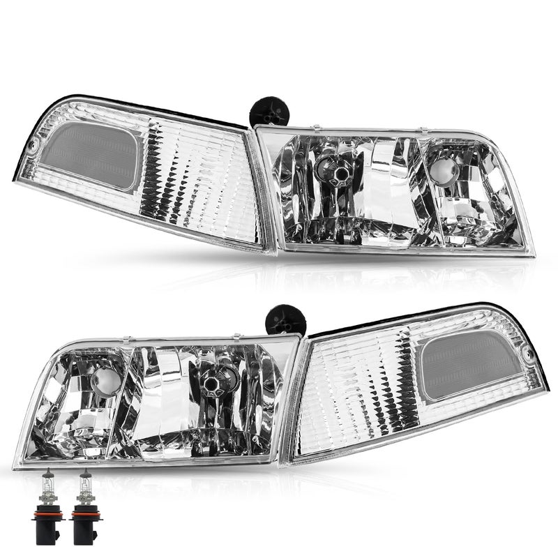 TUSDAR Headlight Assembly Set with Corner Lights 4pcs for 98 to 11 Ford Crown Victoria Headlamp with Bulbs Chrome Housing with Clear Reflector