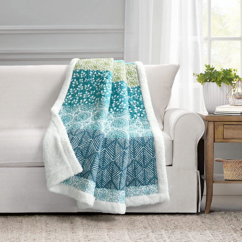 Lush Decor Lush Decor Bohemian Stripe Sherpa Throw Blanket 50 W x 60 L Blue  Green  Bold Colorful Boho Stripe Design  Quilted Print  Soft Sherpa Blanket For Bed Couch Or Chair 