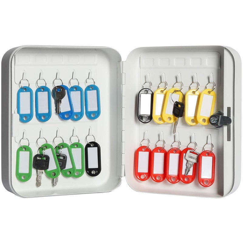 Jssmst Key Lock Box Wall Mount Security Key Storage Box, Locking Key Cabinet Wall Mount with 20 Key Hooks & Tags Key Labels, 7.87 x 6.3 x 2.95 inches, White Matt