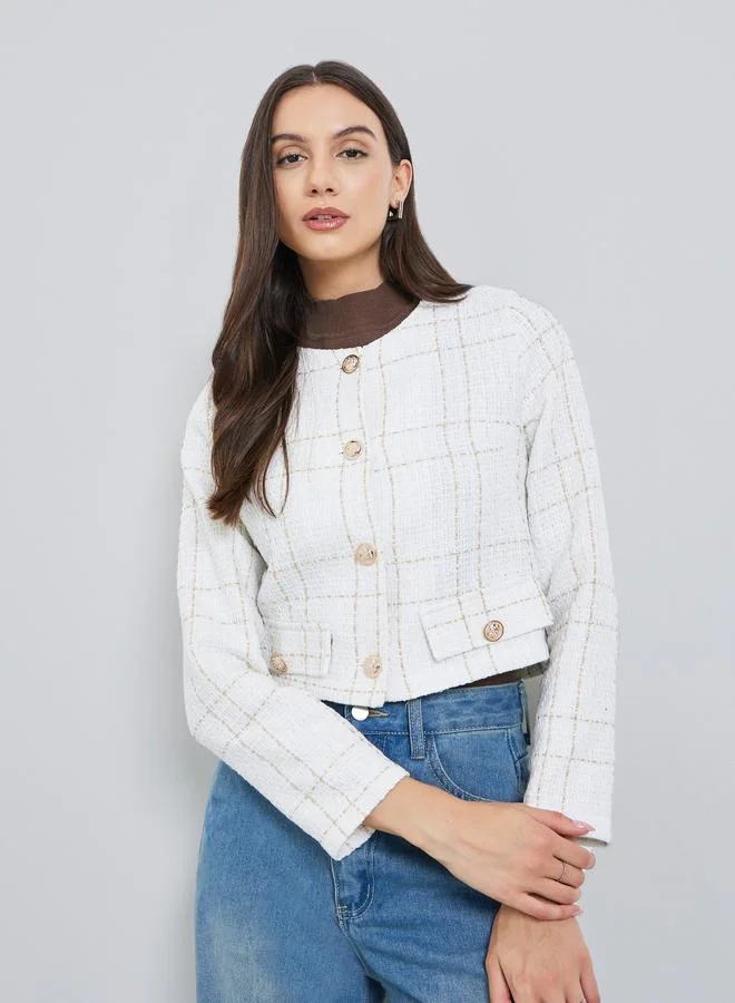 تايك تو جاكيت تويد أبيض بأزرار أمامية
