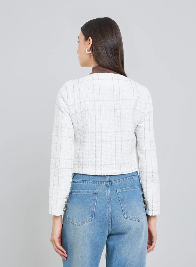 تايك تو جاكيت تويد أبيض بأزرار أمامية